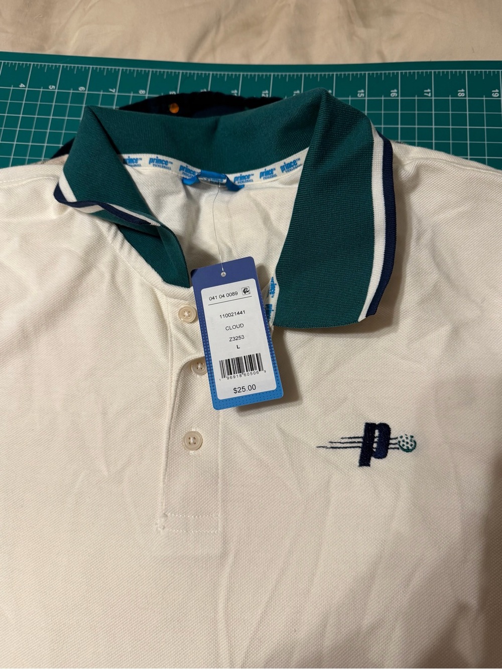 Prince Men's Cream White Polo Shirt with Dark Teal Collar with pickleball emblem